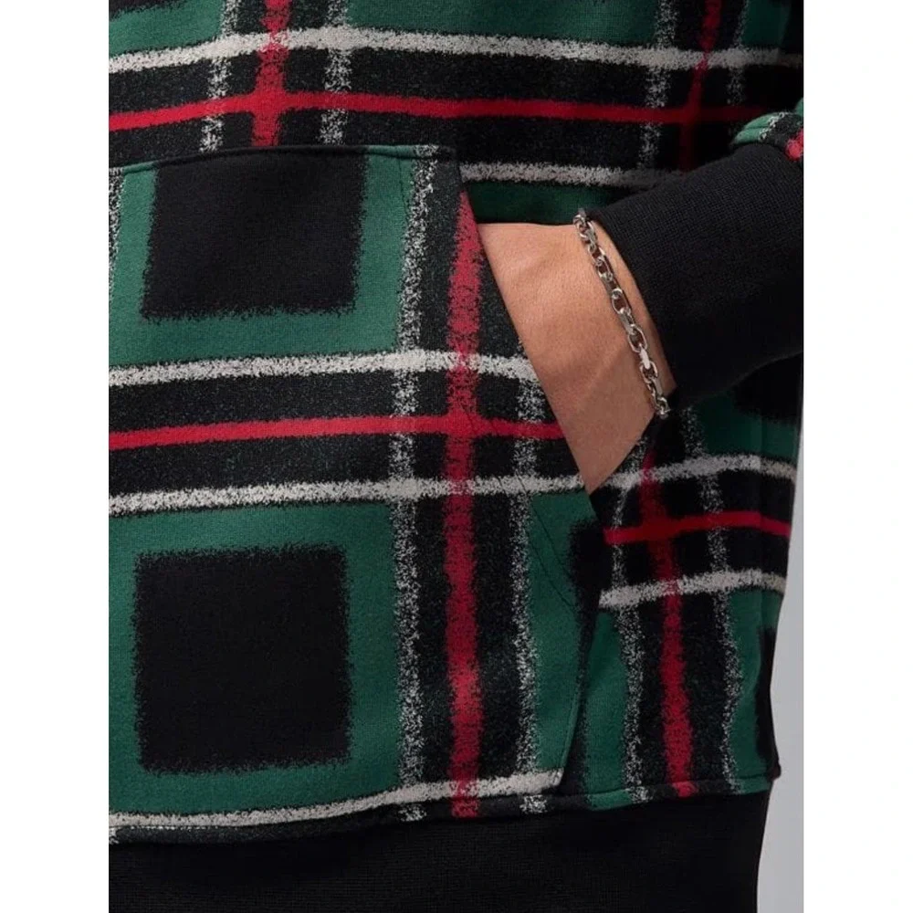 New NIKE Jordan‎ Essentials Green Red Plaid Fleece Pullover Hoodie Men's XXL